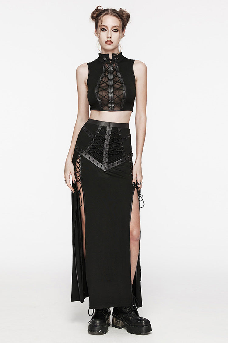 Black Stand Collar Sleeveless Stitching Lace-Up Ripped Women's Punk Tank Top