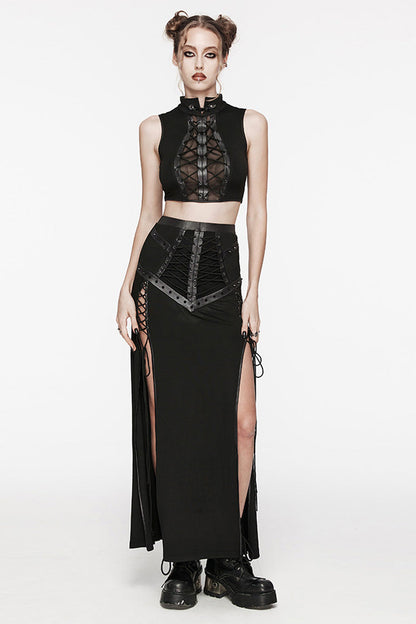 Black Stand Collar Sleeveless Stitching Lace-Up Ripped Women's Punk Tank Top