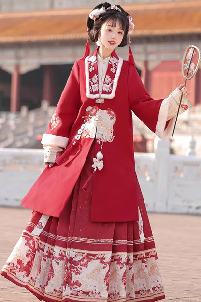 Red Classic Chinese Style V Collar Embroidery Long Sleeves Womens Hanfu Three Piece