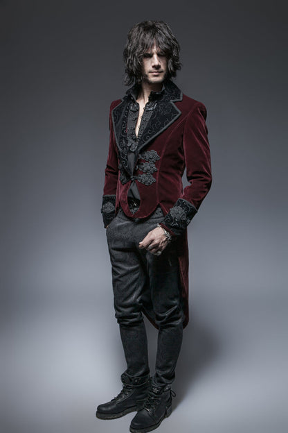 Red Embroidery Swallowtail Hem Mens Gothic Victorian Coat
