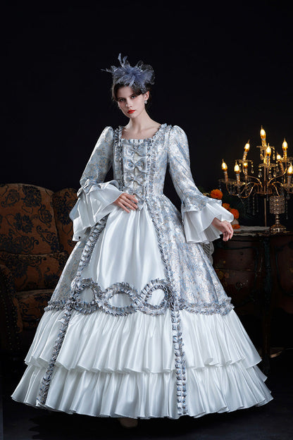 Blue Square Collar Long Trumpet Sleeves Double-Layered Ruffled Embroidered Open-Front Bow Classic Vintage Palace Lolita Victorian Dress