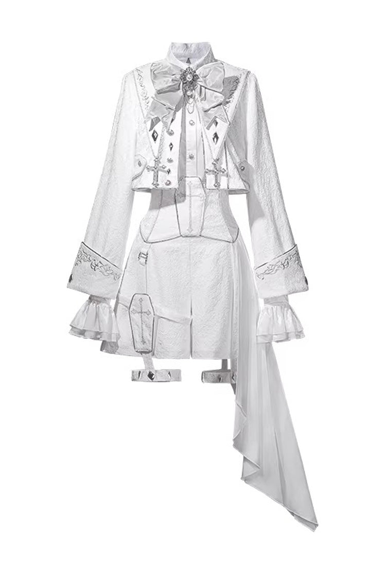 White [Silver-White Sacred Pact] Bow Asymmetric Gothic Prince Palace Ouji Lolita Shorts Coat Four-Piece Set