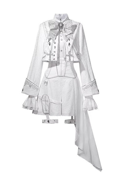 White [Silver-White Sacred Pact] Bow Asymmetric Gothic Prince Palace Ouji Lolita Shorts Coat Four-Piece Set