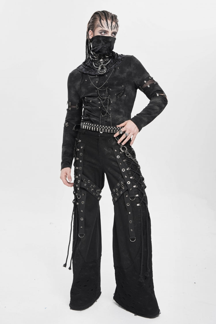 Black Spliced Lace-Up Mesh Ripped Men's Punk Baggy Pants