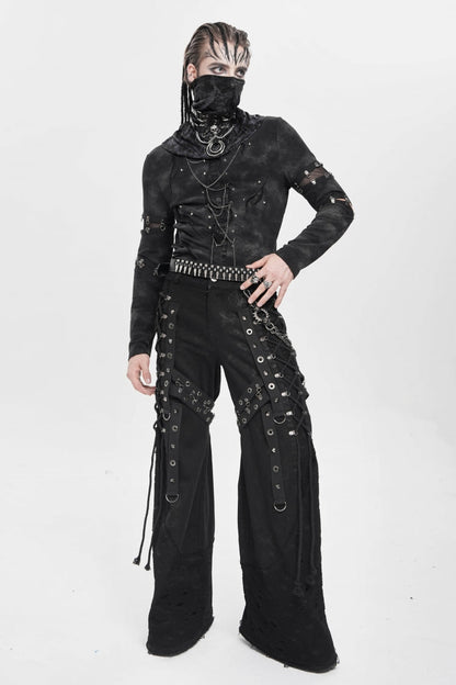 Black Spliced Lace-Up Mesh Ripped Men's Punk Baggy Pants