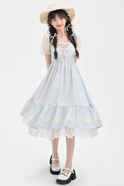 Blue Short Sleeves Embroidery Bowknot Lace Sweet Princess Lolita Dress