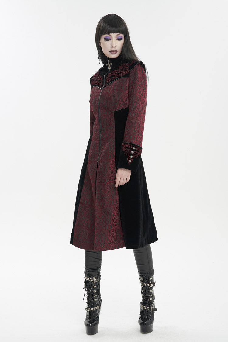 Red Jacquard Studded Mushroom Buckle Metal Cross Embroidered Women's Gothic Coat