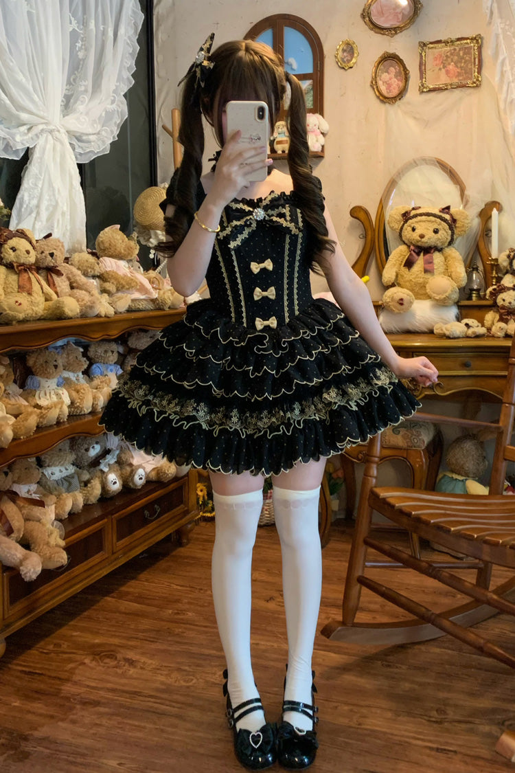 Black Sleeveless Multi-Layered Polka Dots Printed Ruffled Bow Sweet Princess Lolita Jsk Dress