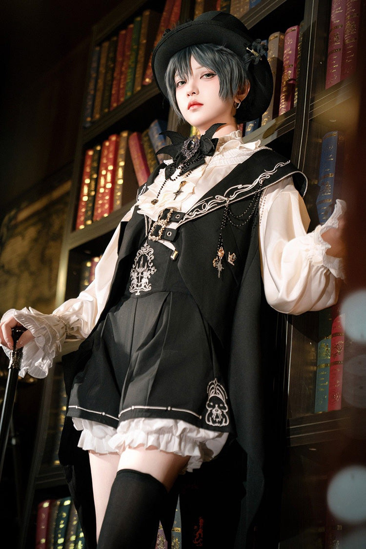 Black [Bunny-Eared Meteorite] Long Sleeves Embroidered Gothic Prince Ouji Lolita Shorts Vest Set