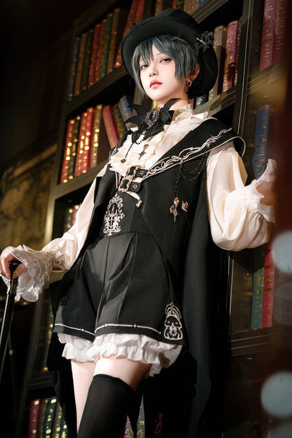Black [Bunny-Eared Meteorite] Long Sleeves Embroidered Gothic Prince Ouji Lolita Shorts Vest Set