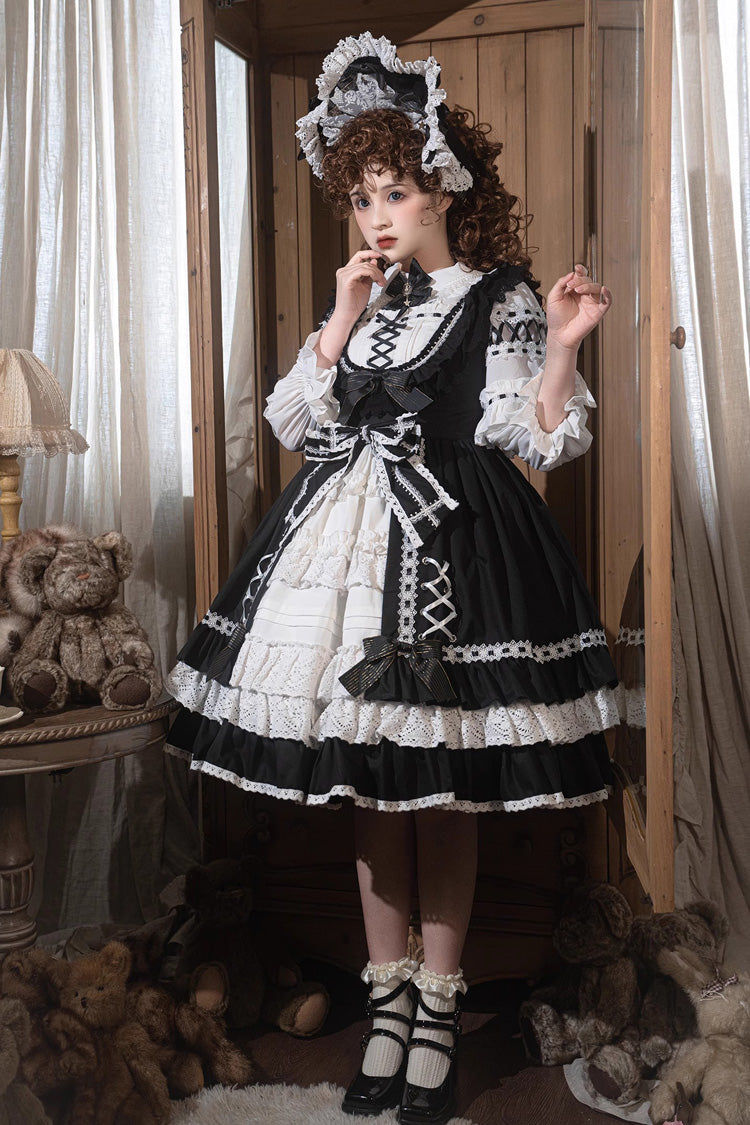 Black/White [Tina's Gift] Sleeveless Multi-Layered Ruffle Cardigan Bowknot Lace Sweet Lolita Jsk Dress