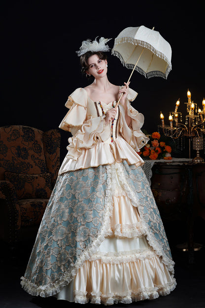 Blue/Champagne Half Trumpet Sleeves Ruffle Embroidery Cardigan Lace Classic Princess Palace Lolita Victorian Dress