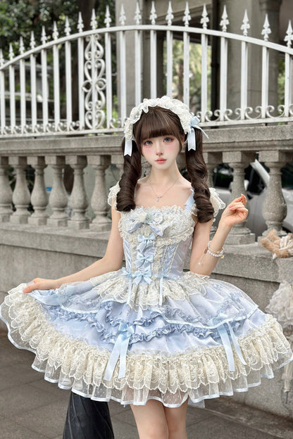 Blue [Dreaming Butterfly] Multi-Layered Jacquard Ruffle Bowknot Lace Sweet Princess Lolita Jsk Dress