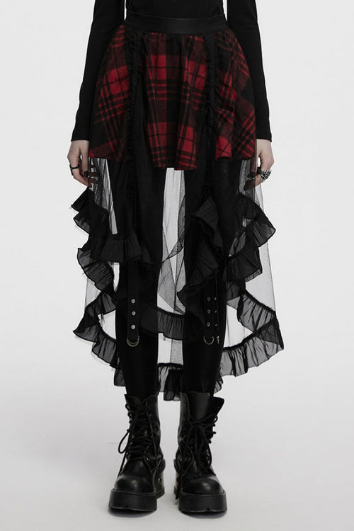Black/Red Ruffle Stitching Mesh Plaid High/low Women's Gothic Skirt