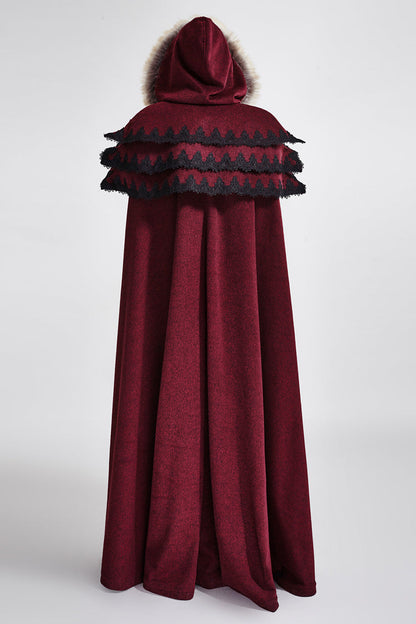 Red Hooded Fur Collar Wool Long Womens Gothic Coat Cloak