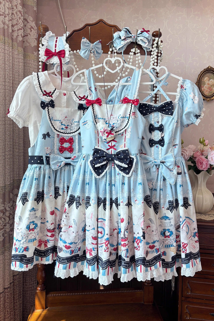 Blue [Mystery Rabbit Tea Party] Square Collar Short Sleeves Print Ruffle Bowknot Lace Sweet Lolita Dress