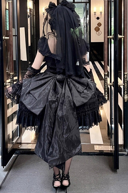 Black [Jewelry Love Story] Halterneck Ruffle Hanayome Bowknot Lace Gothic Lolita Dress