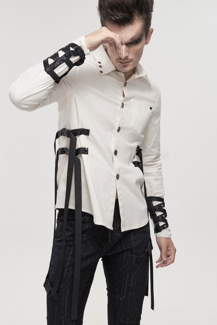 White Punk Nylon Strap Metal Buckle Decoration Long Sleeve Elasticity Thick Men's Shirt