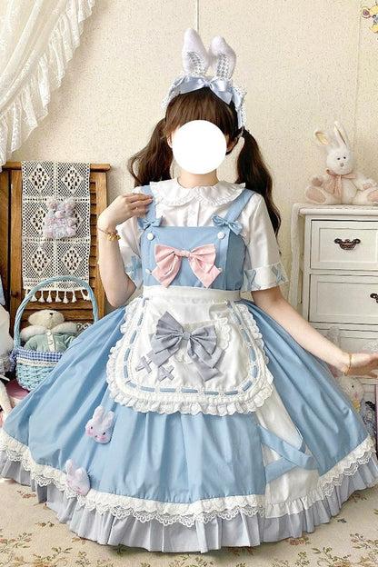 Blue [Picnic Rabbit] Ruffle Bowknot Lace Daily Sweet Lolita Jsk Dress Set