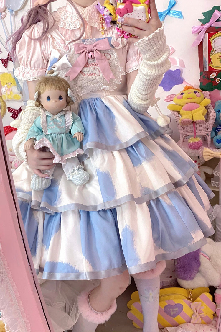 Blue Sleeveless Triple-Layered Cow Print Ruffle Bowknot Sweet Lolita Jsk Dress