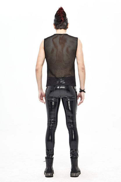 Black Shiny Knits Splice Armor Modeling Mesh Men's Punk Vest