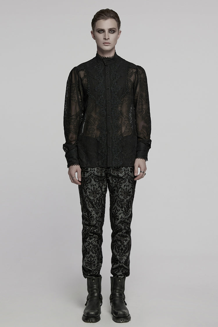 Black Stand Collar Chiffon Long Sleeves Hollow Embroidery Men's Gothic Blouse