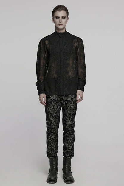 Black Stand Collar Chiffon Long Sleeves Hollow Embroidery Men's Gothic Blouse