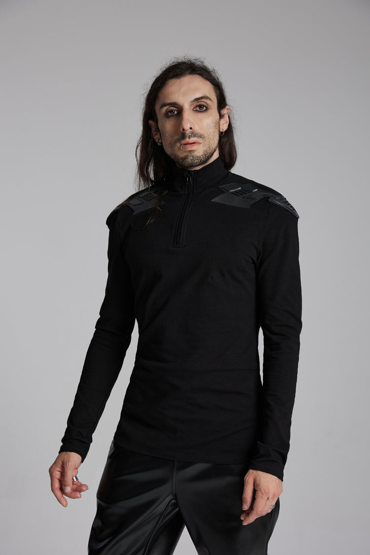 Black Stand Collar Long Sleeves Zip 3D Patch Print Men's Punk T-Shirt