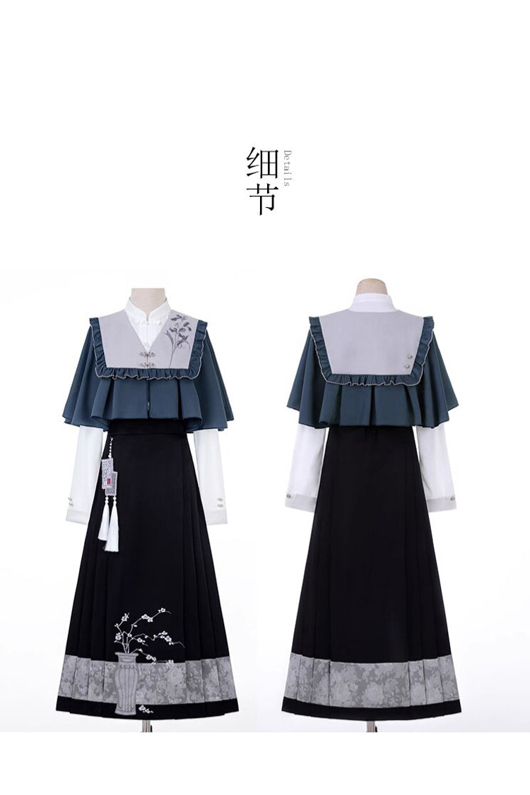 Black/Blue Round Collar Long Sleeves Print Slim Women's Classic Hanfu Dress Three-piece Set
