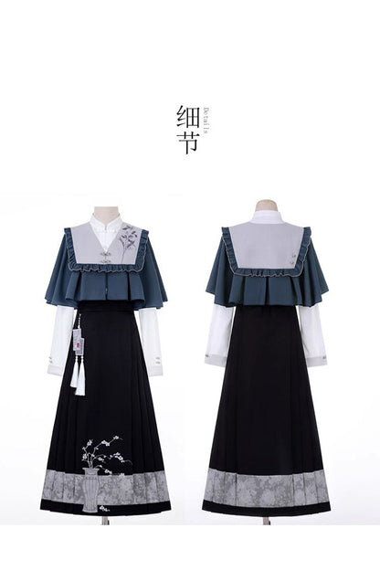 Black/Blue Round Collar Long Sleeves Print Slim Women's Classic Hanfu Dress Three-piece Set