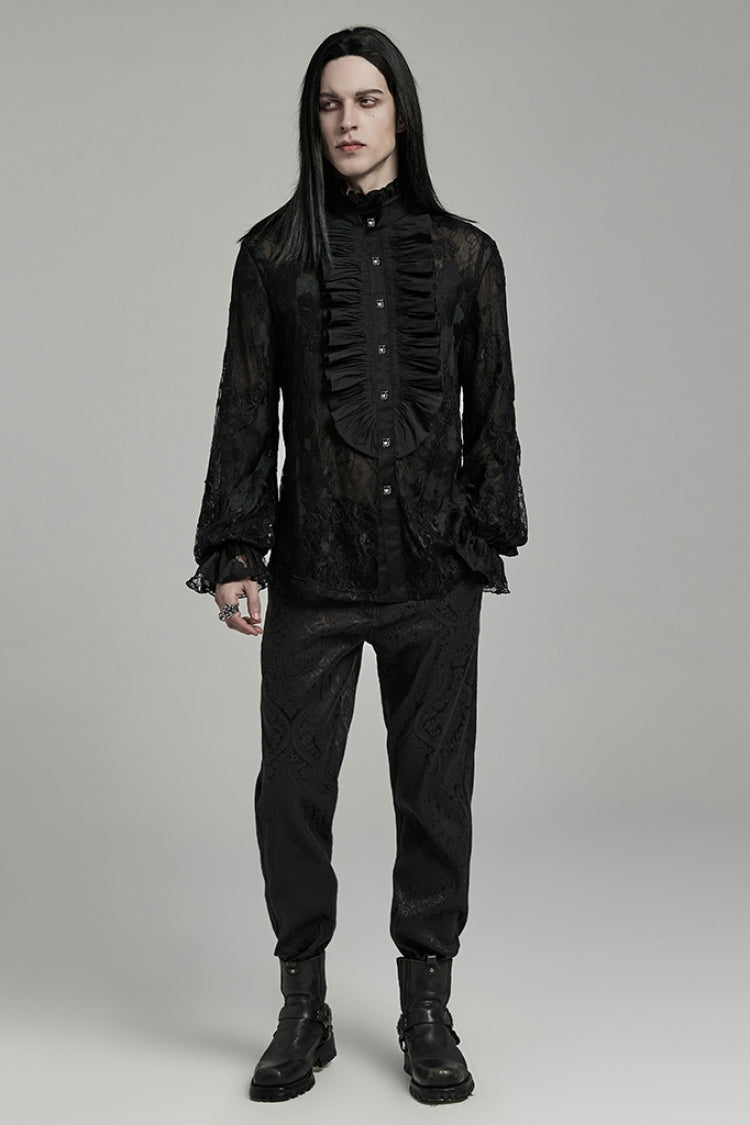 Black Stand Collar Lantern Sleeves Print Ruffle Lace Men's Gothic Blouse