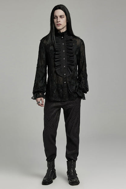 Black Stand Collar Lantern Sleeves Print Ruffle Lace Men's Gothic Blouse