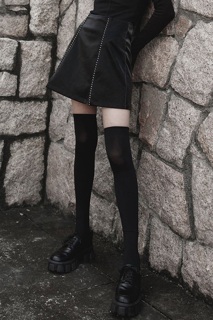 Black Rivet Lace A Version Slit Leather Women's Punk Skirt