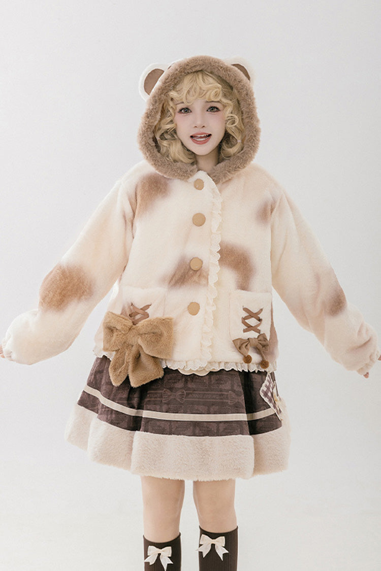 Ivory [Mocha Bear] Print Bowknot Hooded Sweet Lolita Coat