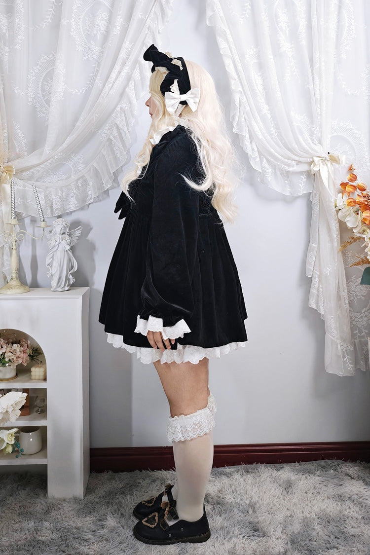 Black [Antique Velvet Doll] Stand Collar Long Sleeves Ruffled Bow Gothic Plus Size Lolita Dress