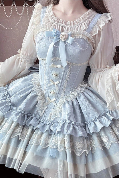 Blue [Fleeting Light and Shallow Dream] Sleeveless Multi-Layered Ruffle Bowknot Lace Slim Sweet Ballet Lolita Jsk Dress