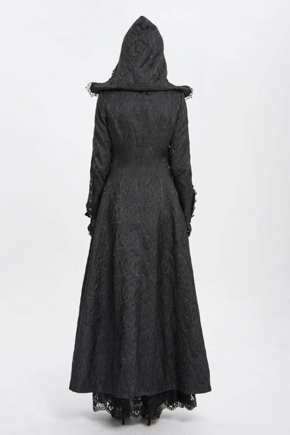 Black Stand Collar Long Sleeves Ruffle Hooded Women's Gothic Long Coat