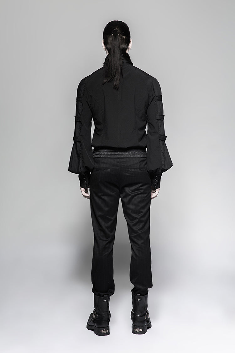 Black Stripes Long Sleeves Print Mens Gothic Blouse With Necktie