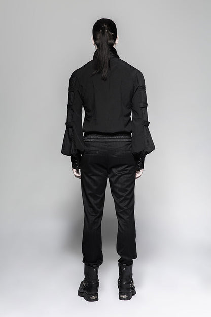 Black Stripes Long Sleeves Print Mens Gothic Blouse With Necktie