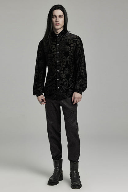 Black Stand Collar Puff Sleeves Jacquard Print Men's Gothic Blouse