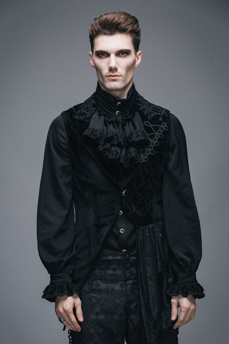 Black Spun Velvet Chinese Frog Button Floral Spiral Pattern Asymmetrical Hem Lace Up Men's Gothic Waistcoat