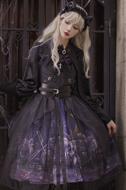 Black Witch Town Print With Veil Gothic Lolita JSK Dress