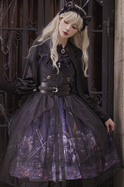 Black Witch Town Print With Veil Gothic Lolita JSK Dress