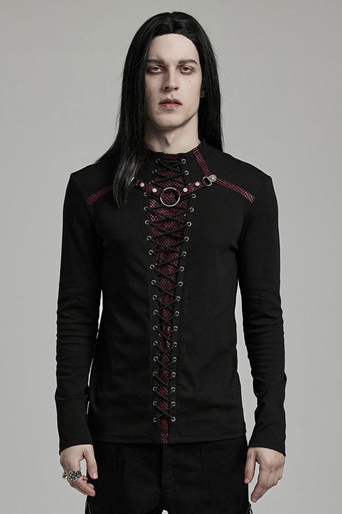 Black/Red Long Sleeves Stitching Lace-Up Ripped Men's Punk Blouse