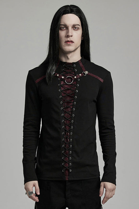 Black/Red Long Sleeves Stitching Lace-Up Ripped Men's Punk Blouse