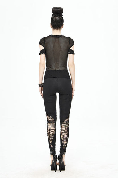 Black Sexy Short Sleeves Rock Mesh Stretchy Women Punk T-Shirt