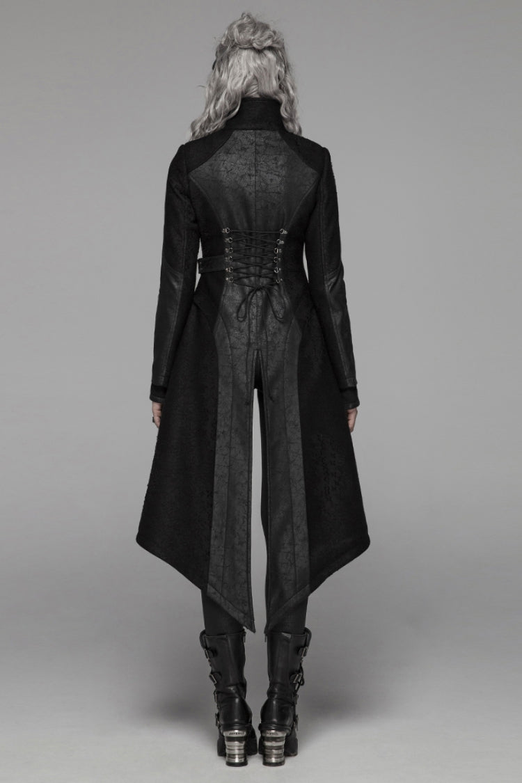 Black Stand Collar Long Sleeves Asymmetric Design Stitching Irregular Womens Steampunk Coat