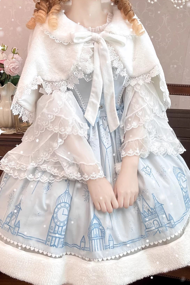Blue [Snow Castle] Sleeveless Printed Embroidered Bow Lace Sweet Lolita Jsk Dress