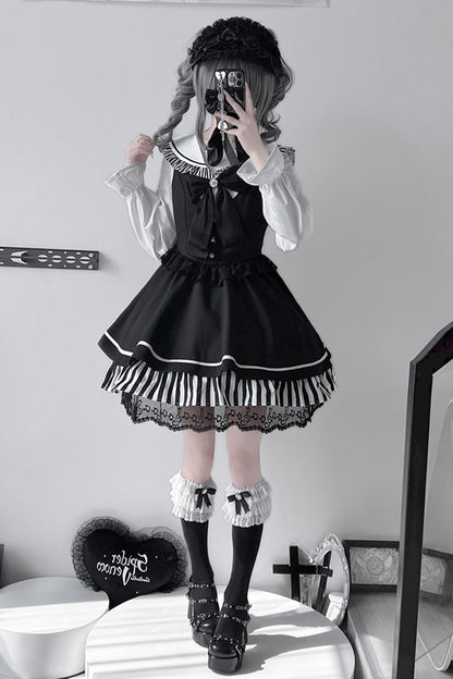 Black [Twilight Song] Stripe Print Bowknot Lace Jirai Kei Jumper Dress