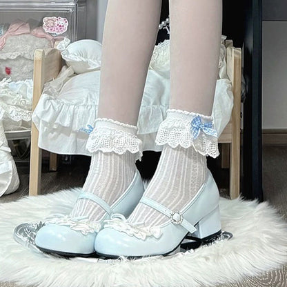 Blue Bow Lace Mid-Heel Round-Toe Sweet Lolita Mary Jane Shoes